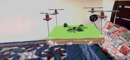 The user follows a Storycopter that flies around their room, making them point the device up, down, to their left, and to their right.